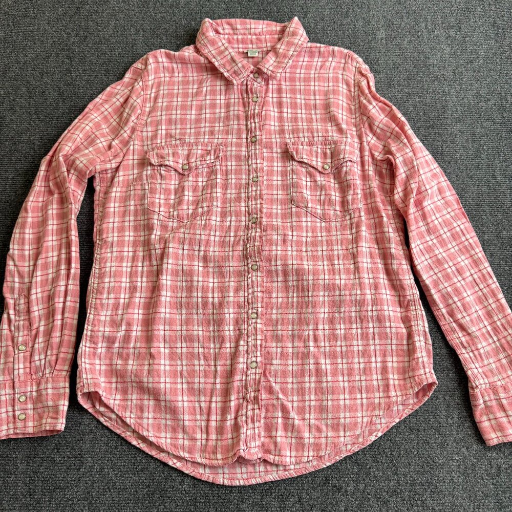 Aerie Pearl Snap Flannel Long Sleeve Pink White Plaid Shirt Women's S / P